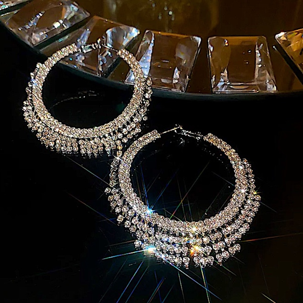 SILVER CRYSTAL TASSEL OVERSIZED HOOP EARRINGS - Picture 3 of 5